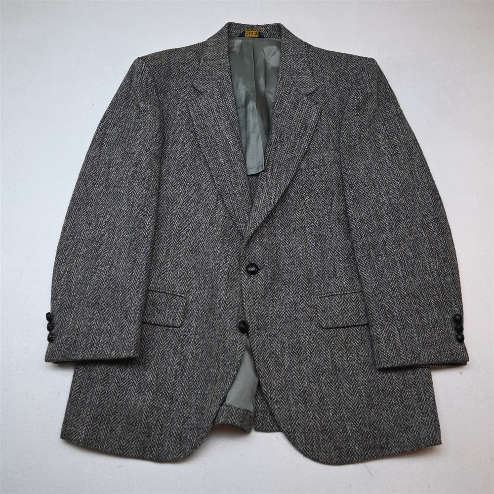 Vtg USA Made Harris Tweed 40S Gray 100% Wool Scottish Herringbone Tweed Blazer